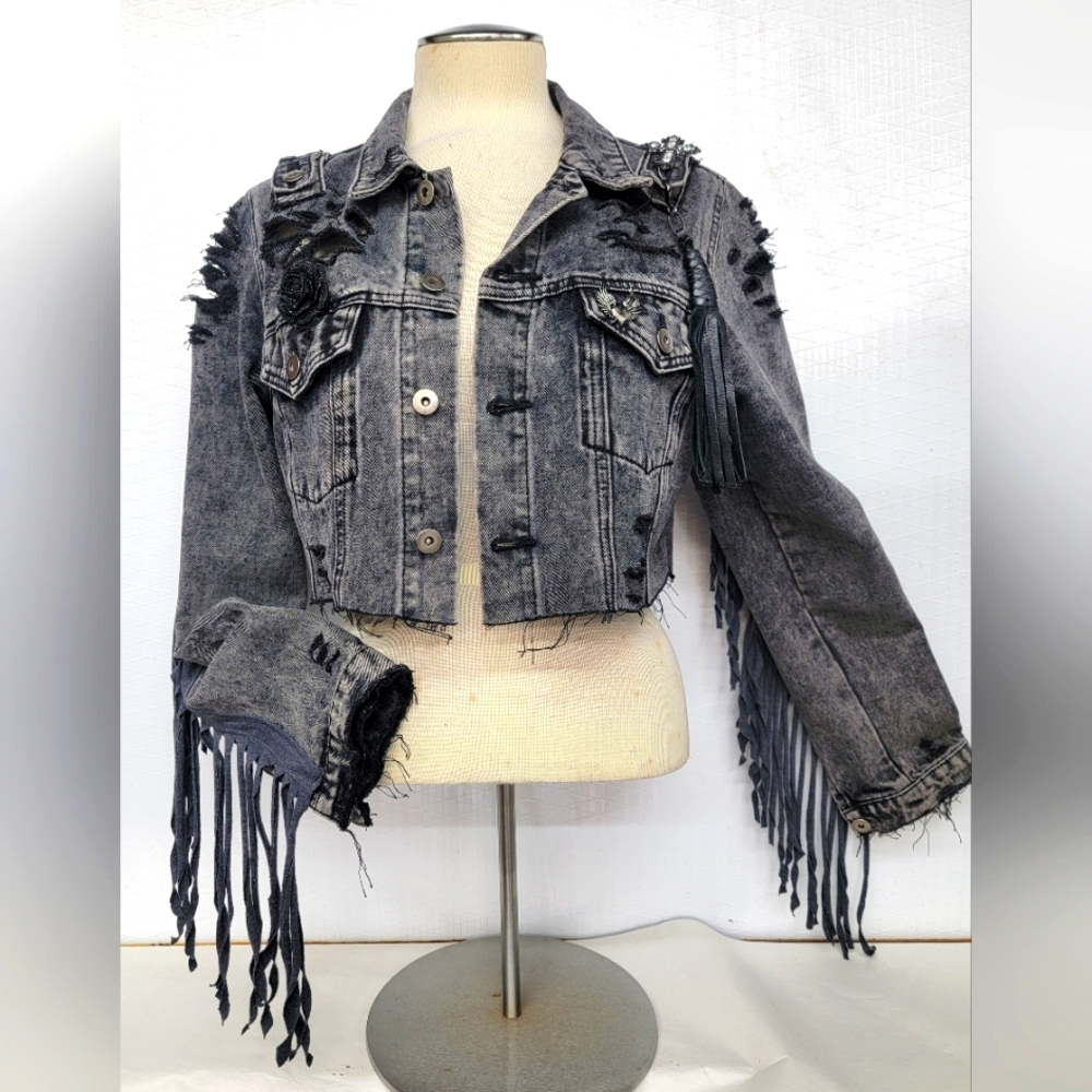 Rock Gothic Jean Jacket With Ed Hardy Eagle Graphics Upcycled Renewed - Picture 5 of 12
